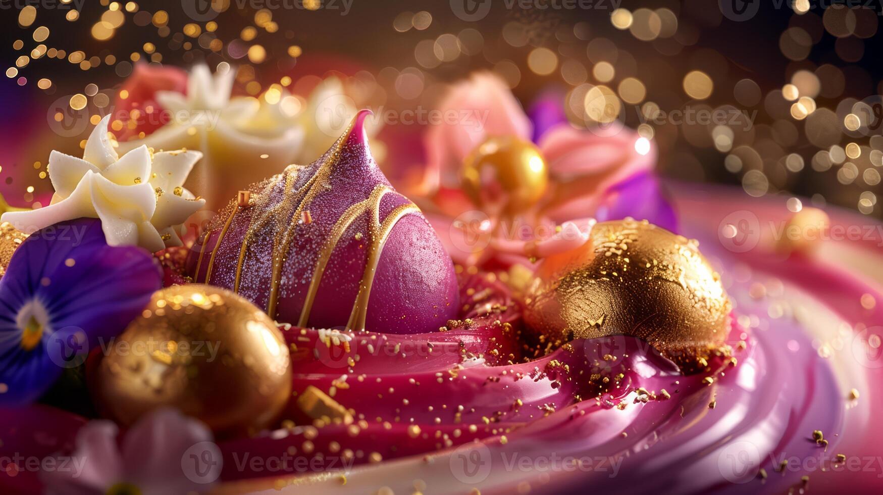 A close up of a chocolate cake with gold and white decorations, AI photo