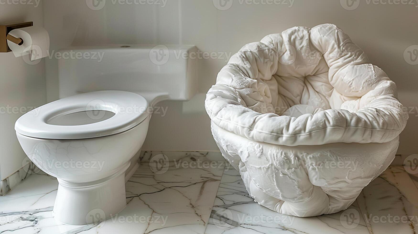 A toilet and a bathtub in the bathroom with white tile, AI photo