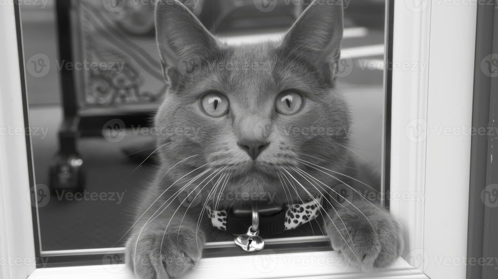 A cat looking out of a window with its paws on the glass, AI photo