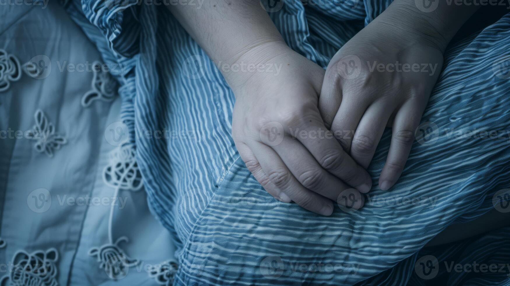 A person sitting on a bed with their hands folded in front of them, AI photo