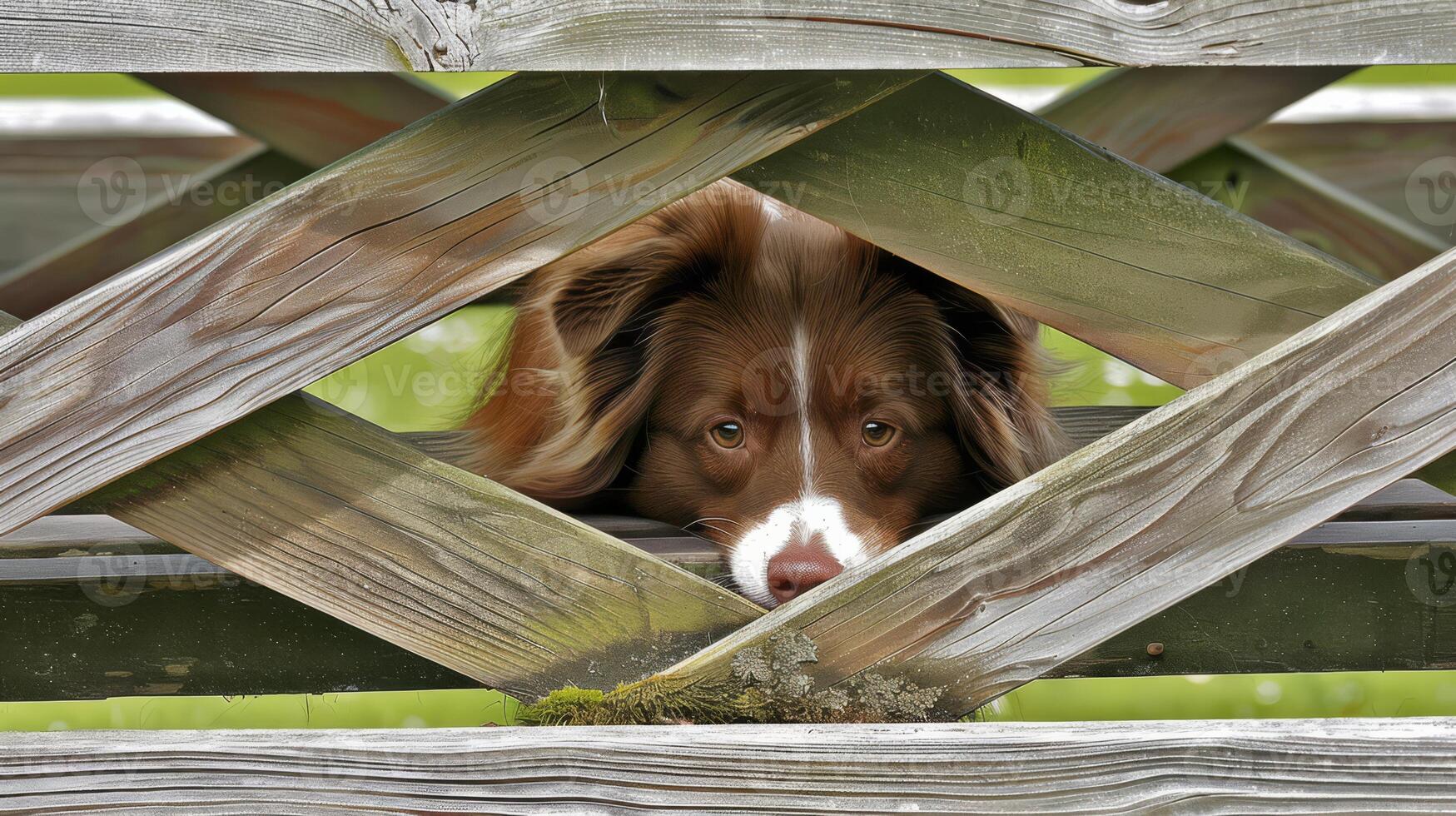 A dog peeking out from behind a wooden fence, AI photo