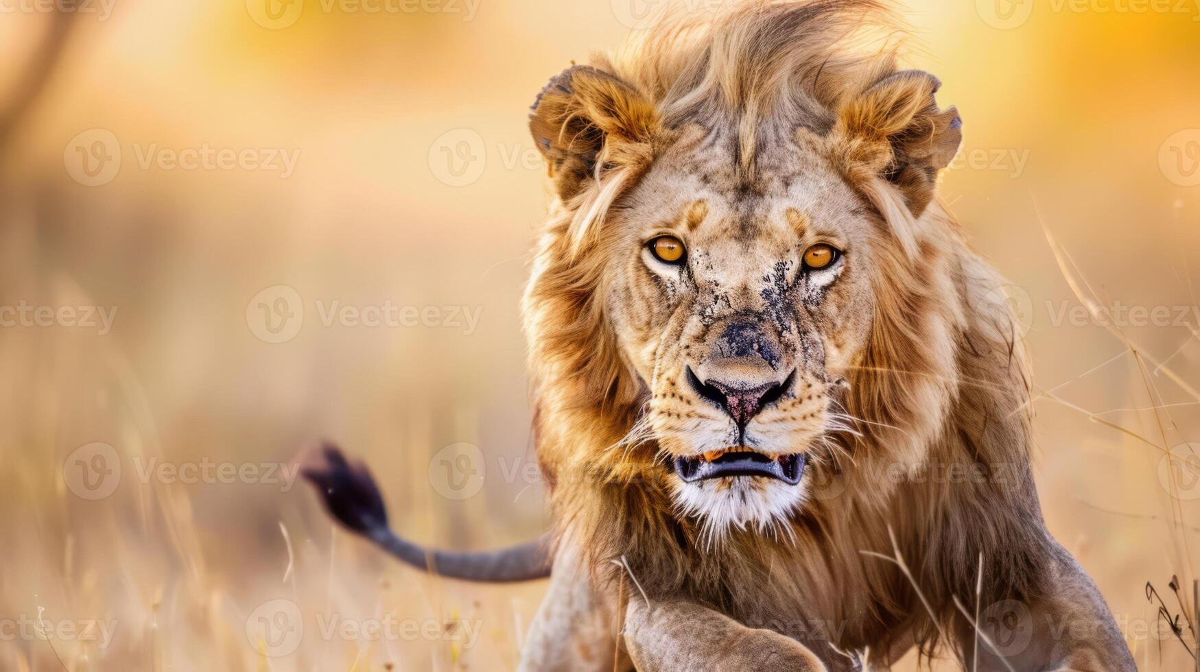 A lion is walking through the tall grass in a field, AI photo