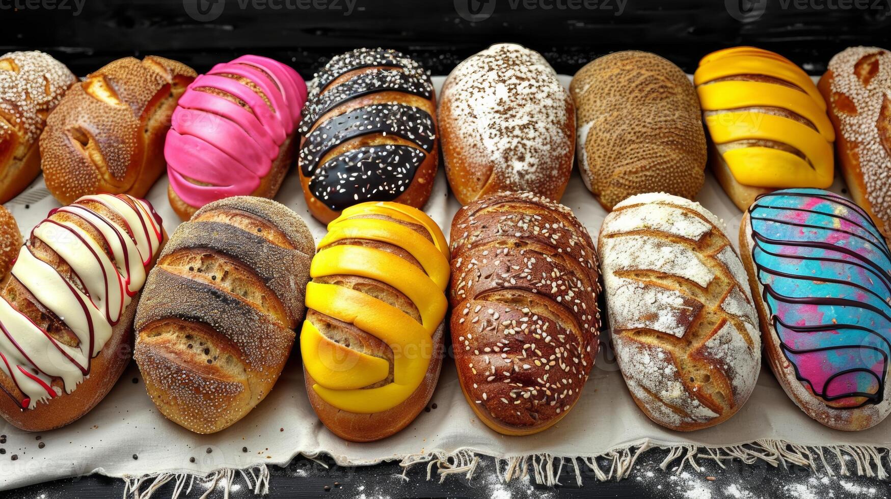 A display of a bunch of different kinds of breads, AI photo