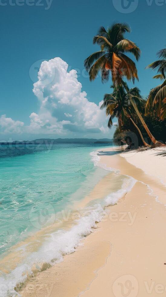 A beach with a palm tree and some water on it, AI photo