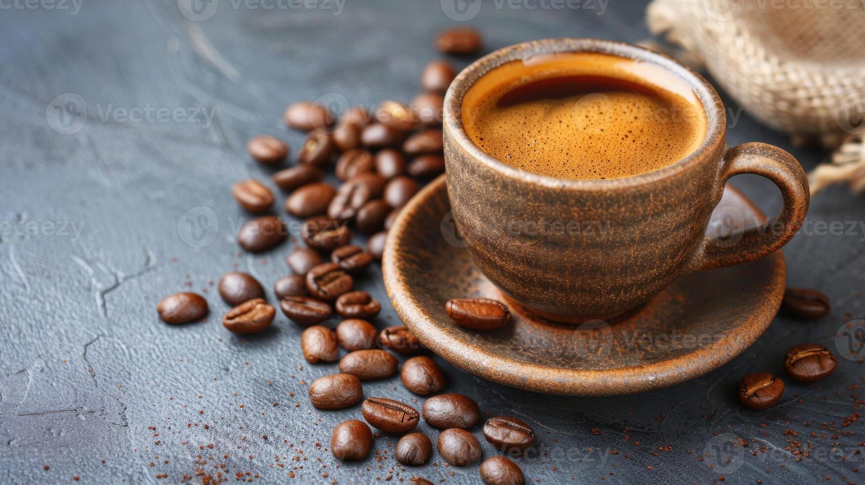 A cup of coffee on a table with beans and saucer, AI photo
