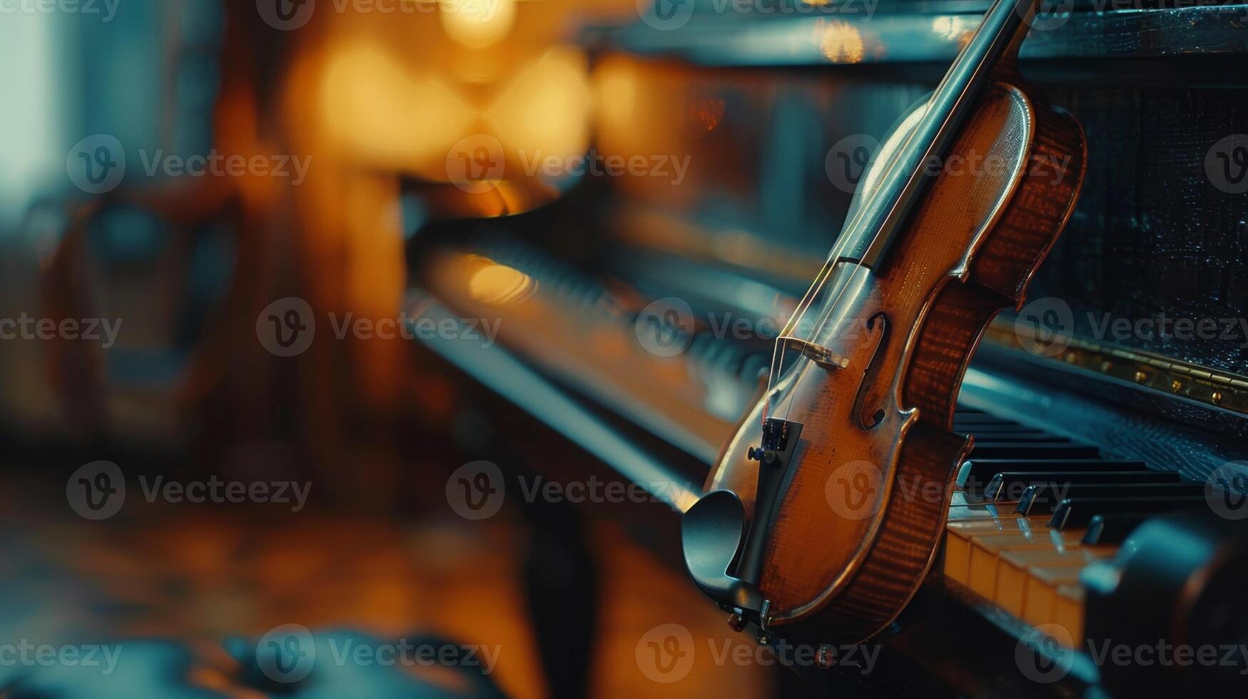 A violin sitting on top of a piano in front of the keys, AI photo