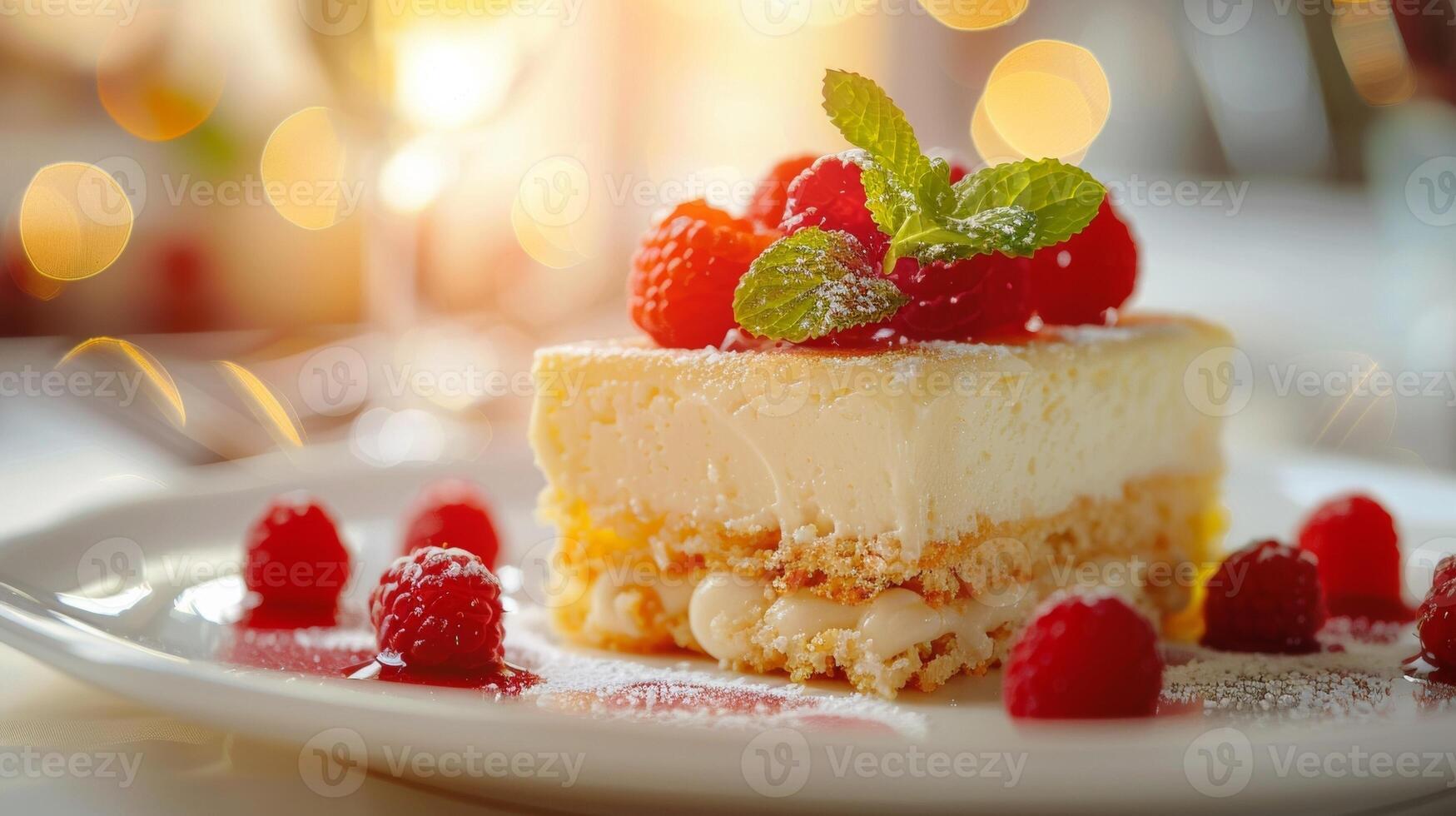 A piece of a dessert with raspberries and mint on top, AI photo