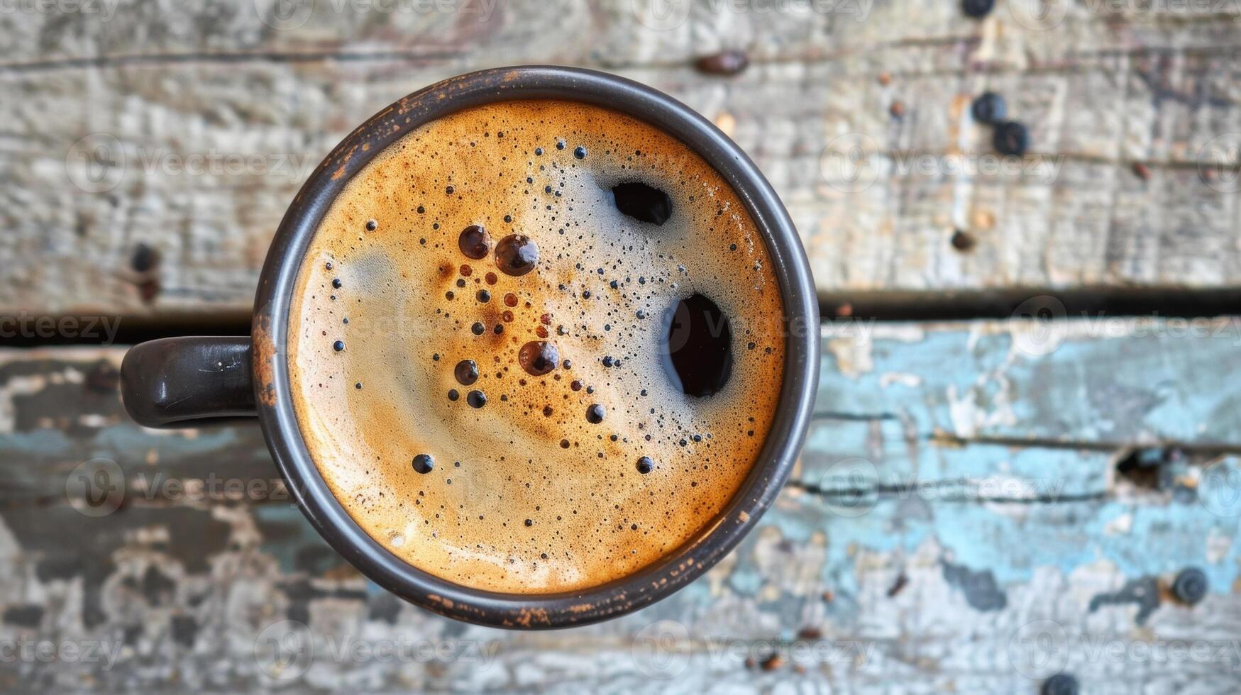 A close up of a cup with coffee on it sitting next to some wood, AI photo