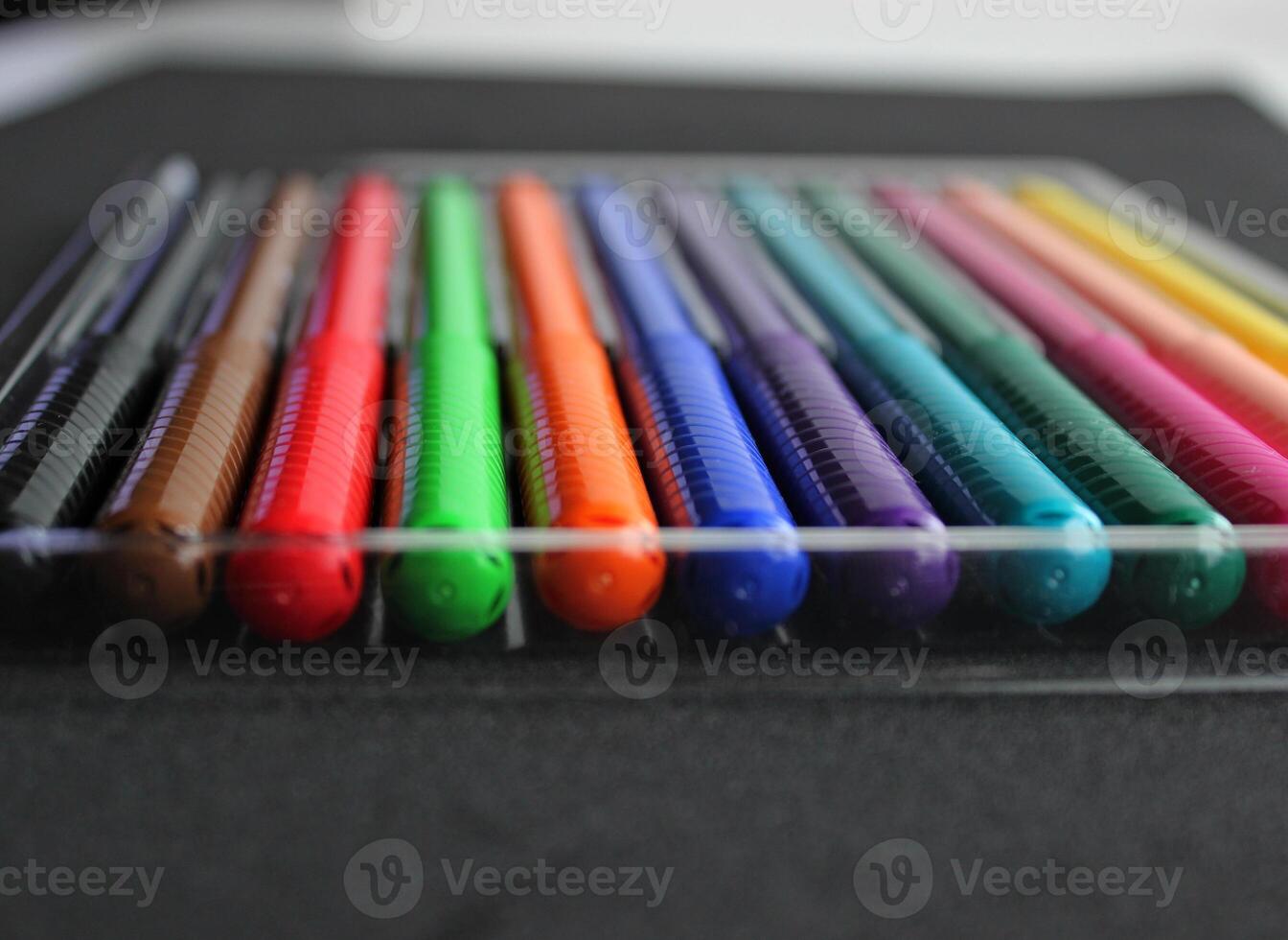 Plastic Tray With Colorful Felt Tipped Pens Angle View Closeup Stock Photo