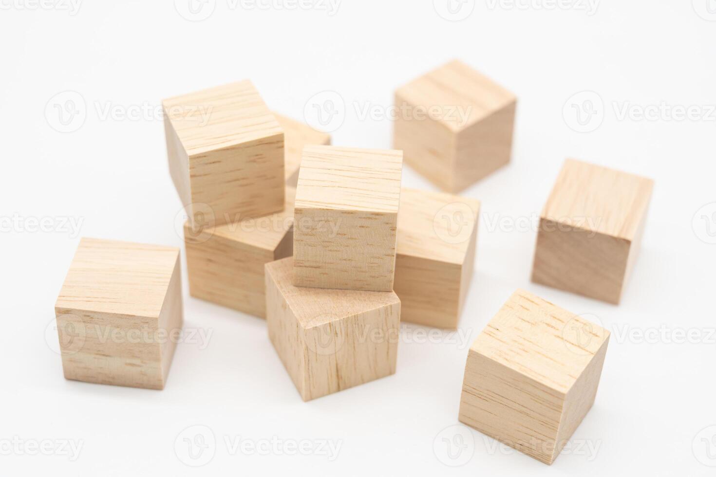 Wooden cube or wooden blocks isolated on a white background. Pile of wood block. Copy, empty space for text. photo