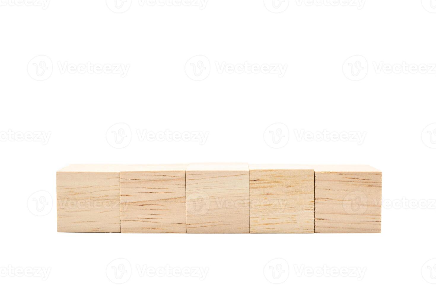 Five blank wooden blocks isolated on white background. Empty wooden cubes for text. Copy space and Clipping Path. photo
