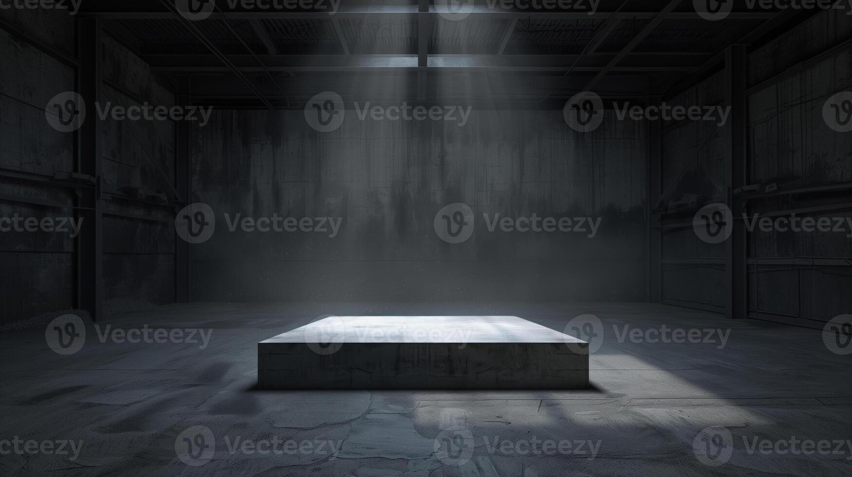 Empty space of Studio dark room with concrete stone stage or podium and spot lighting and fog or mist on concrete floor grunge texture in back photo