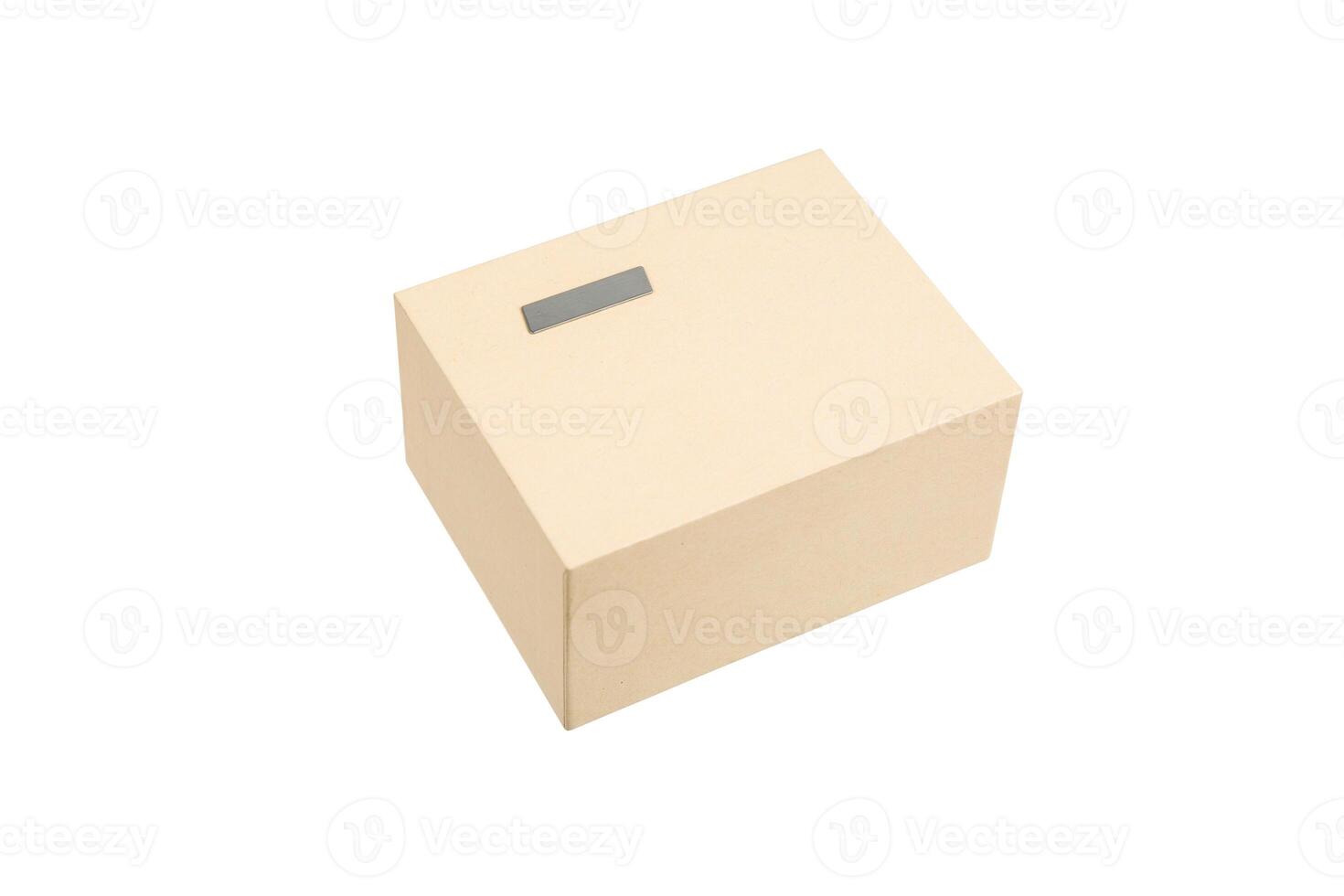 Simple but high-quality cardboard box. Gift wrapping with a metal label. Isolate on a white back photo