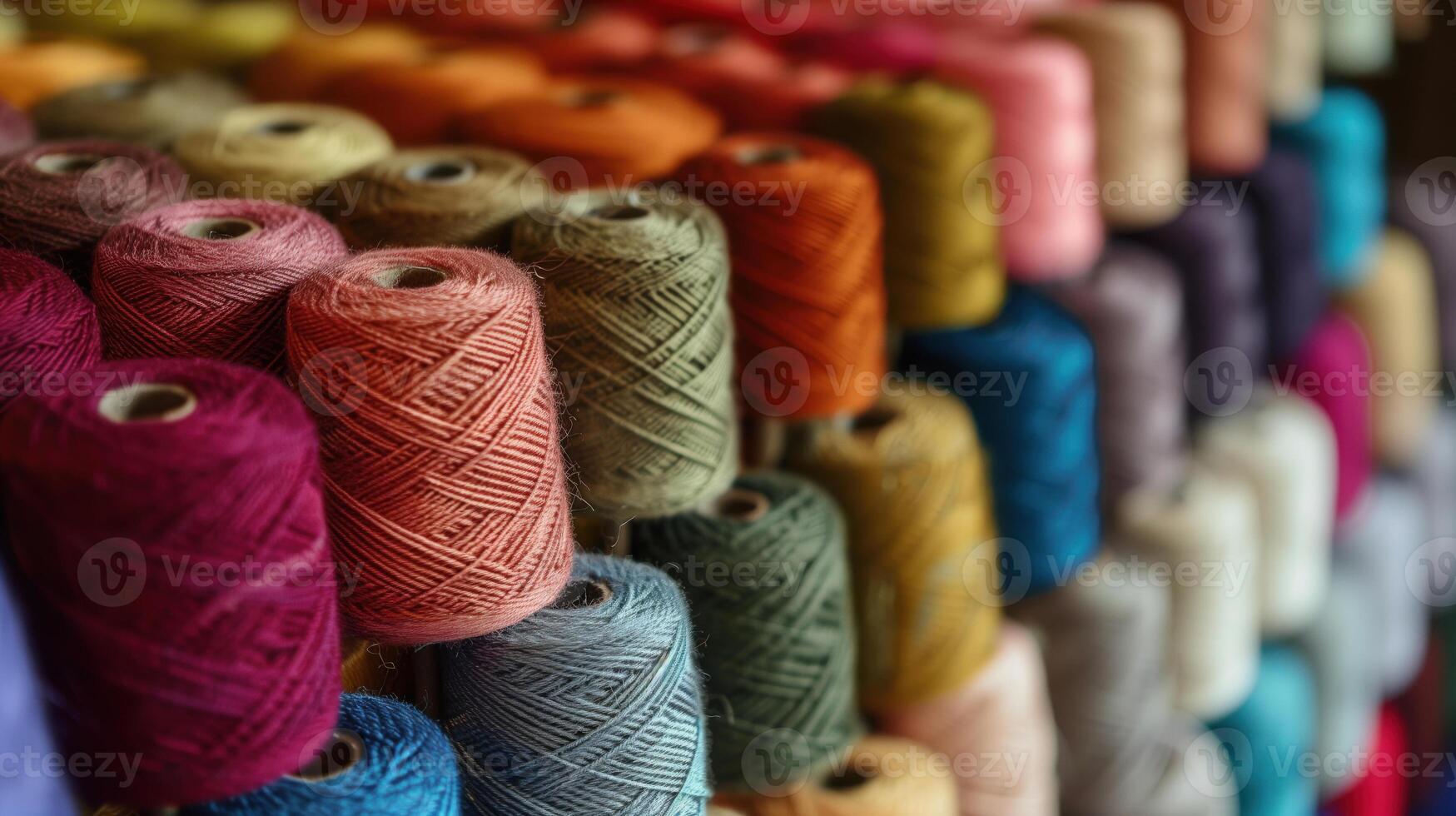 Multicolored yarn spools used in textile industry. Set of colored threads for sewing on coils. Pile of big colorful spools of thread. Colored thread spools of thread large class, textiles, back photo