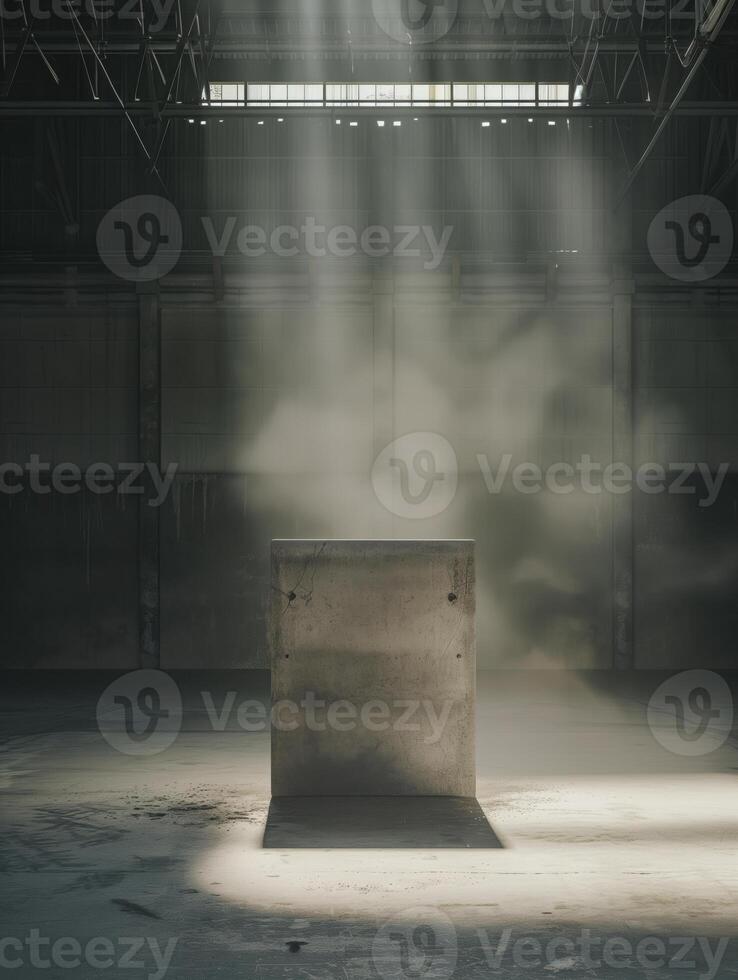 Empty space of Studio dark room with concrete stone stage or podium and spot lighting and fog or mist on concrete floor grunge texture in back photo