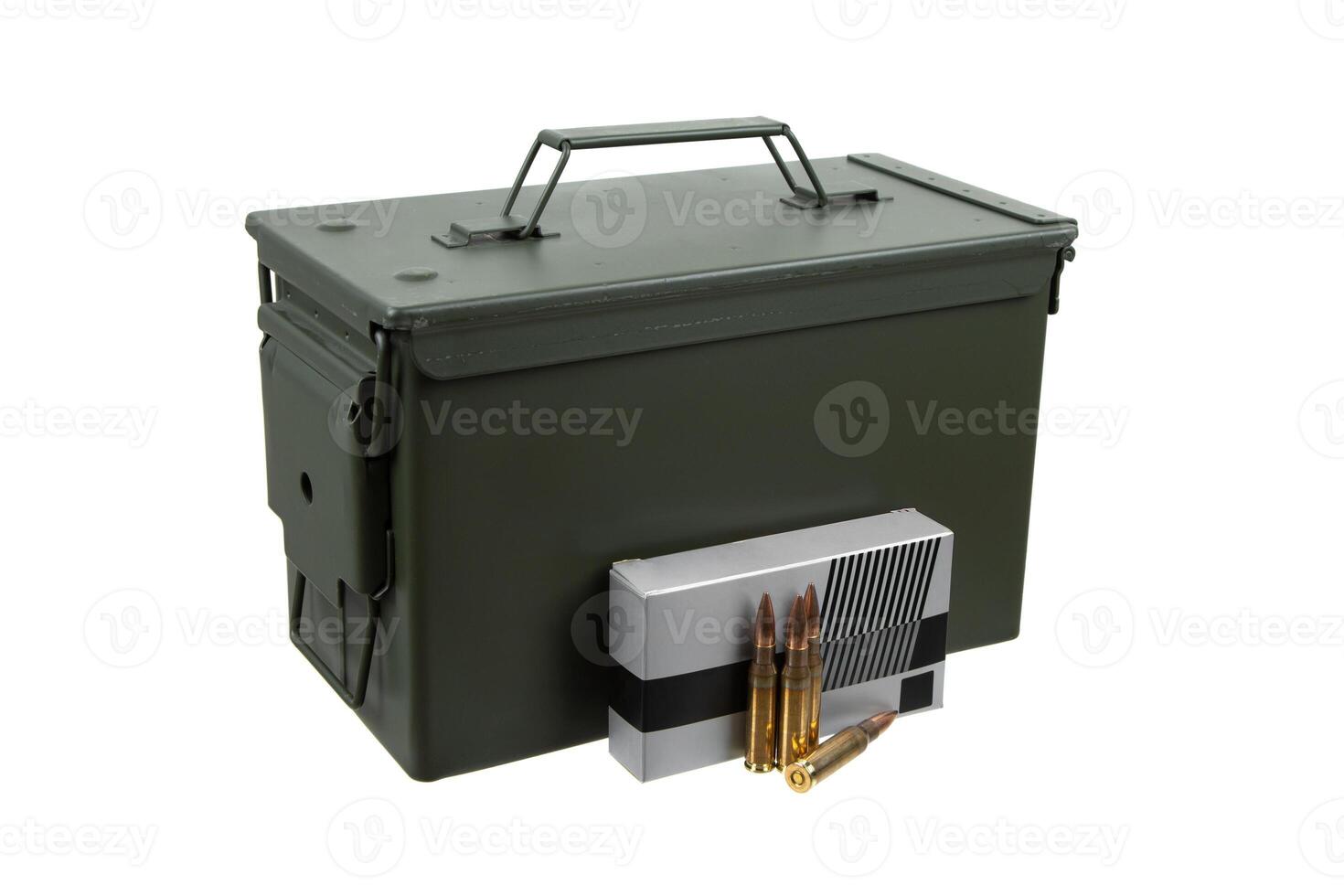 US army green metal ammo can for gun cartridges isolated on white back photo