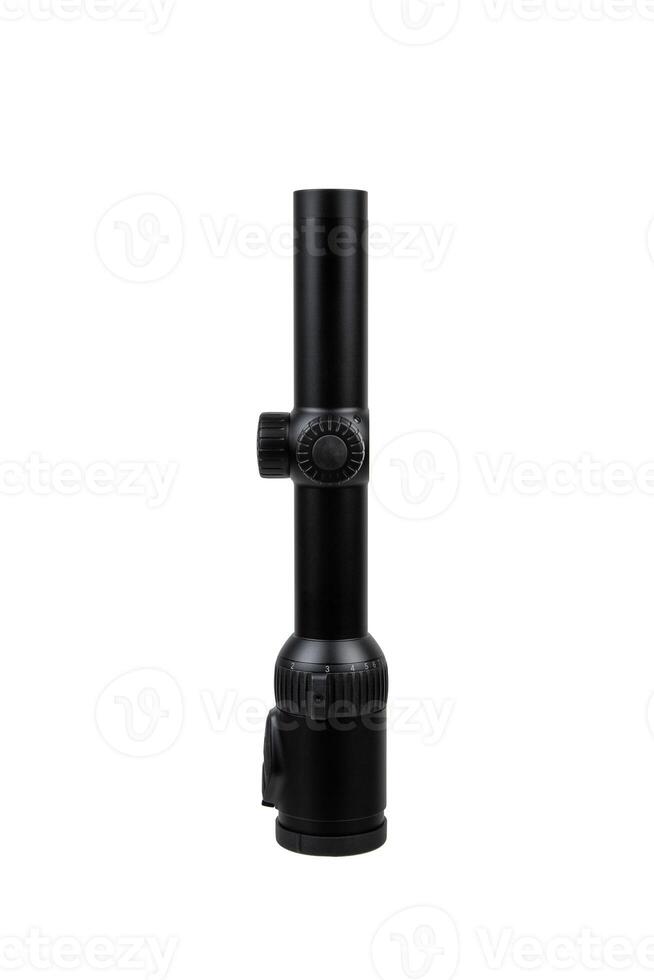 Modern sniper scope on a white back. Optical device for aiming and shooting at long distances. photo