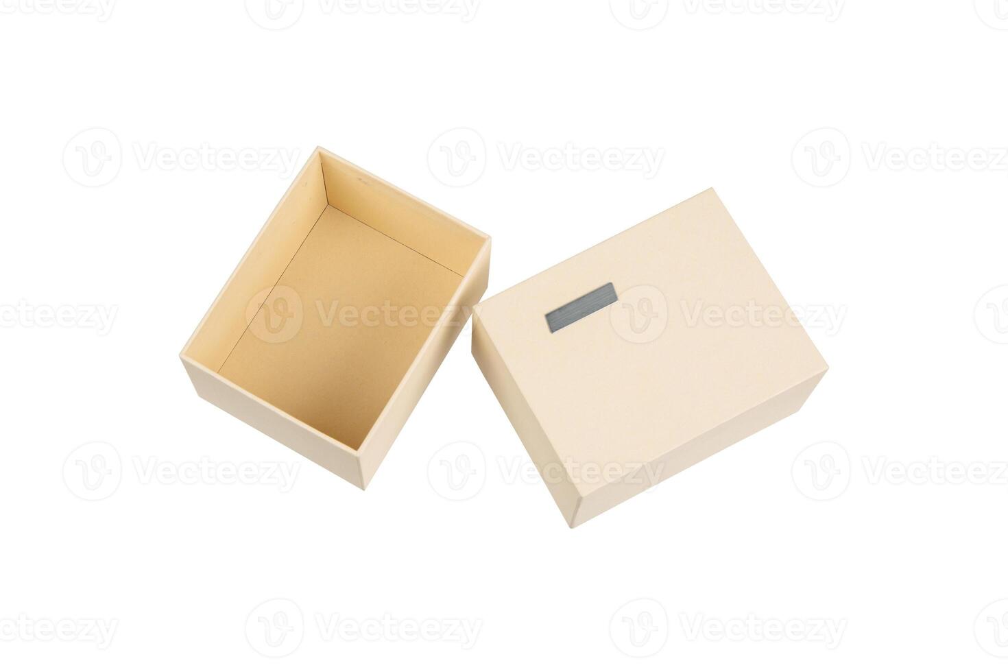 Simple but high-quality cardboard box. Gift wrapping with a metal label. Isolate on a white back photo