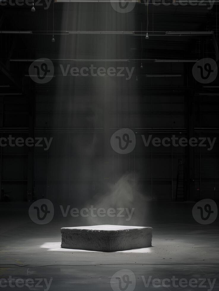 Empty space of Studio dark room with concrete stone stage or podium and spot lighting and fog or mist on concrete floor grunge texture in back photo
