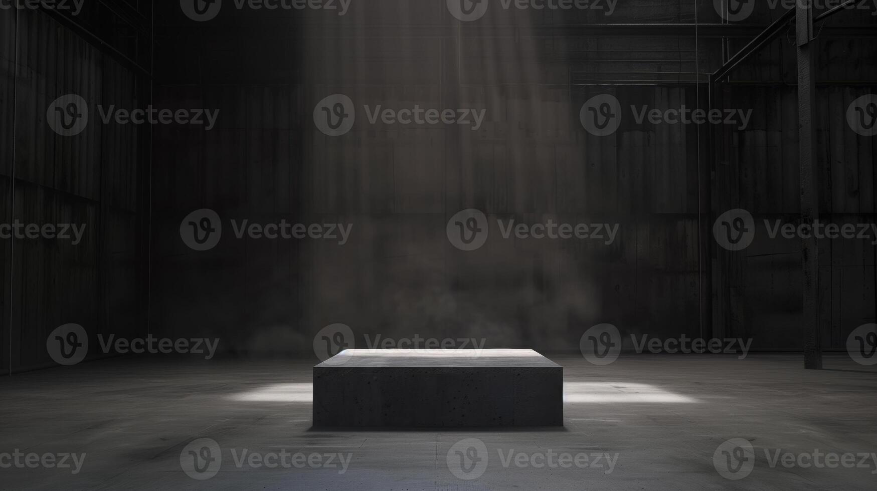 Empty space of Studio dark room with concrete stone stage or podium and spot lighting and fog or mist on concrete floor grunge texture in back photo