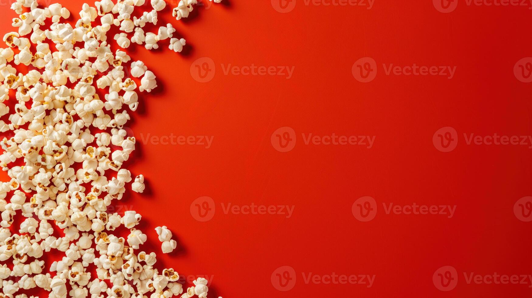 Popcorn scattered on a red background. A classic movie theater snack. View from above. photo