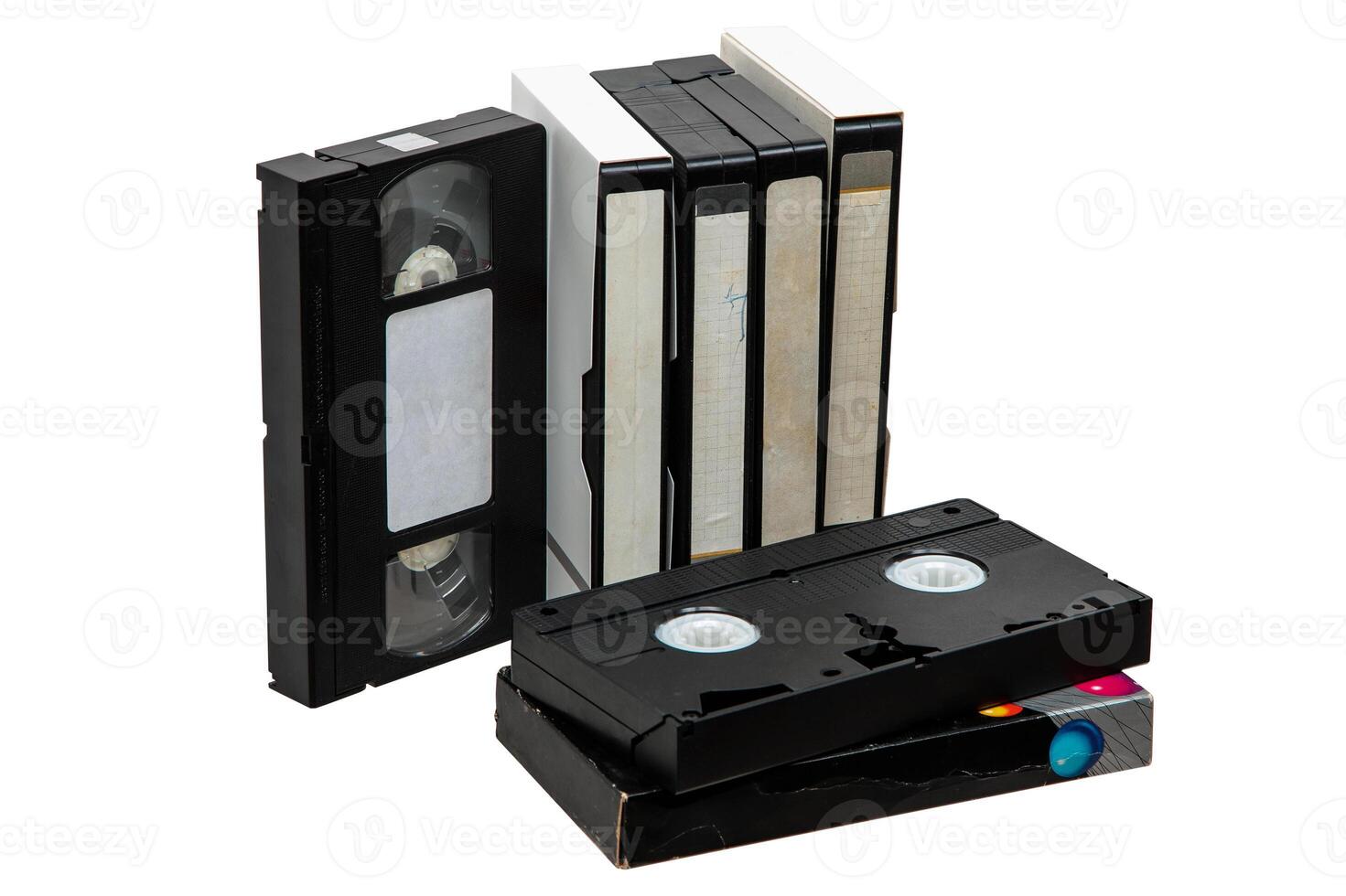 Pile of VHS cassettes. Vintage media. Isolate on a white back. photo