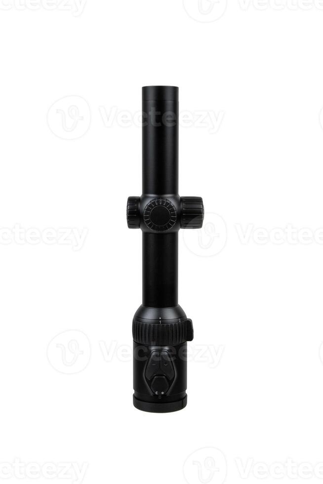 Modern sniper scope on a white back. Optical device for aiming and shooting at long distances. photo