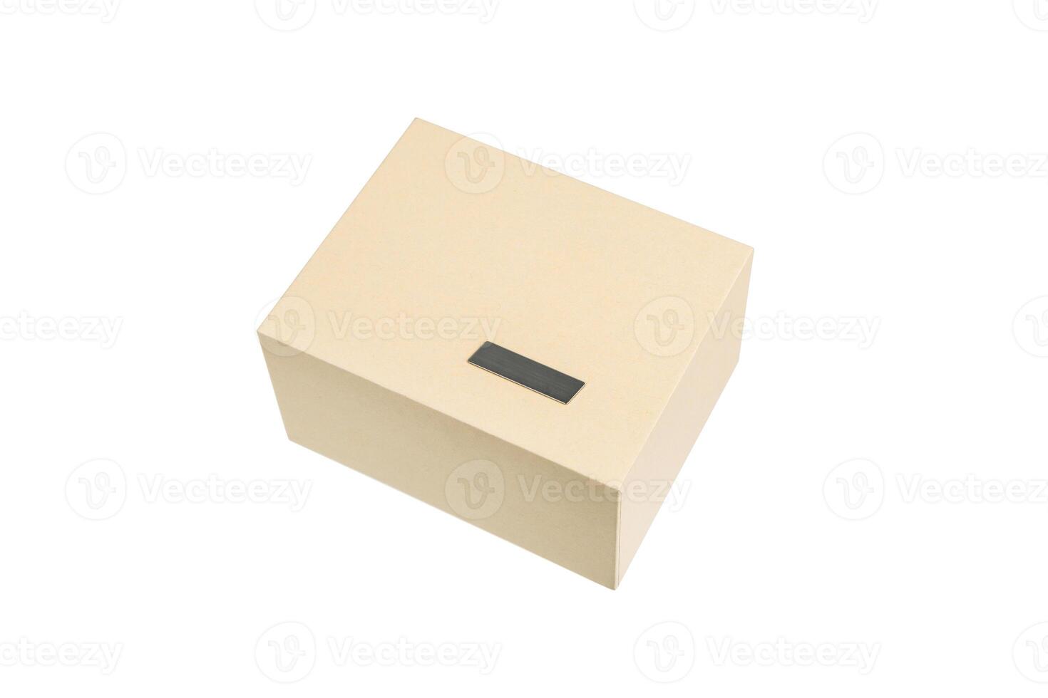 Simple but high-quality cardboard box. Gift wrapping with a metal label. Isolate on a white back photo