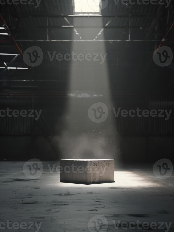 Empty space of Studio dark room with concrete stone stage or podium and spot lighting and fog or mist on concrete floor grunge texture in back photo