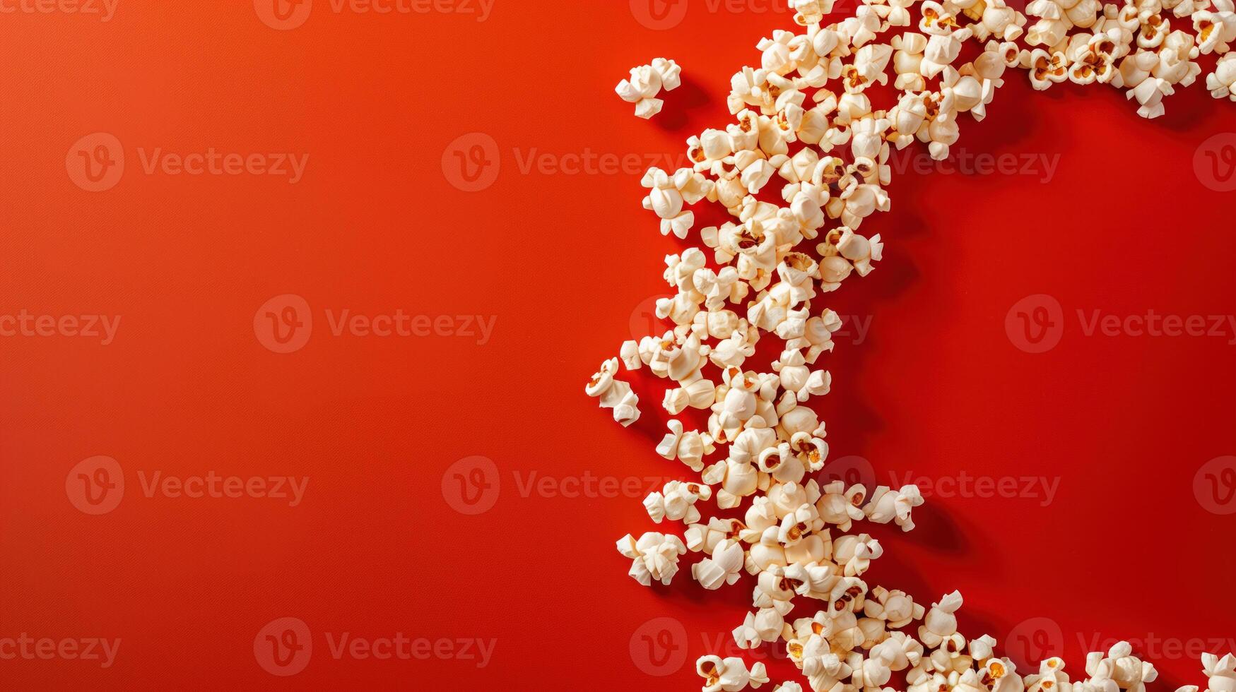 Popcorn scattered on a red background. A classic movie theater snack. View from above. photo