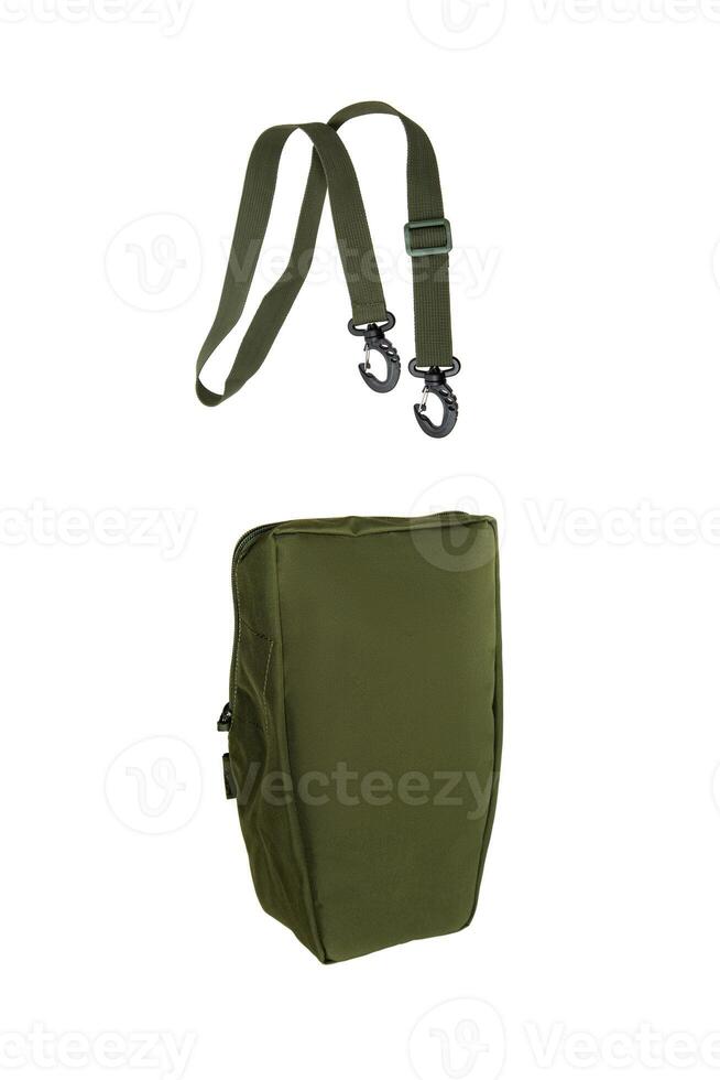 Multifunctional military pouch with zipper in khaki color. Isolate on white back photo