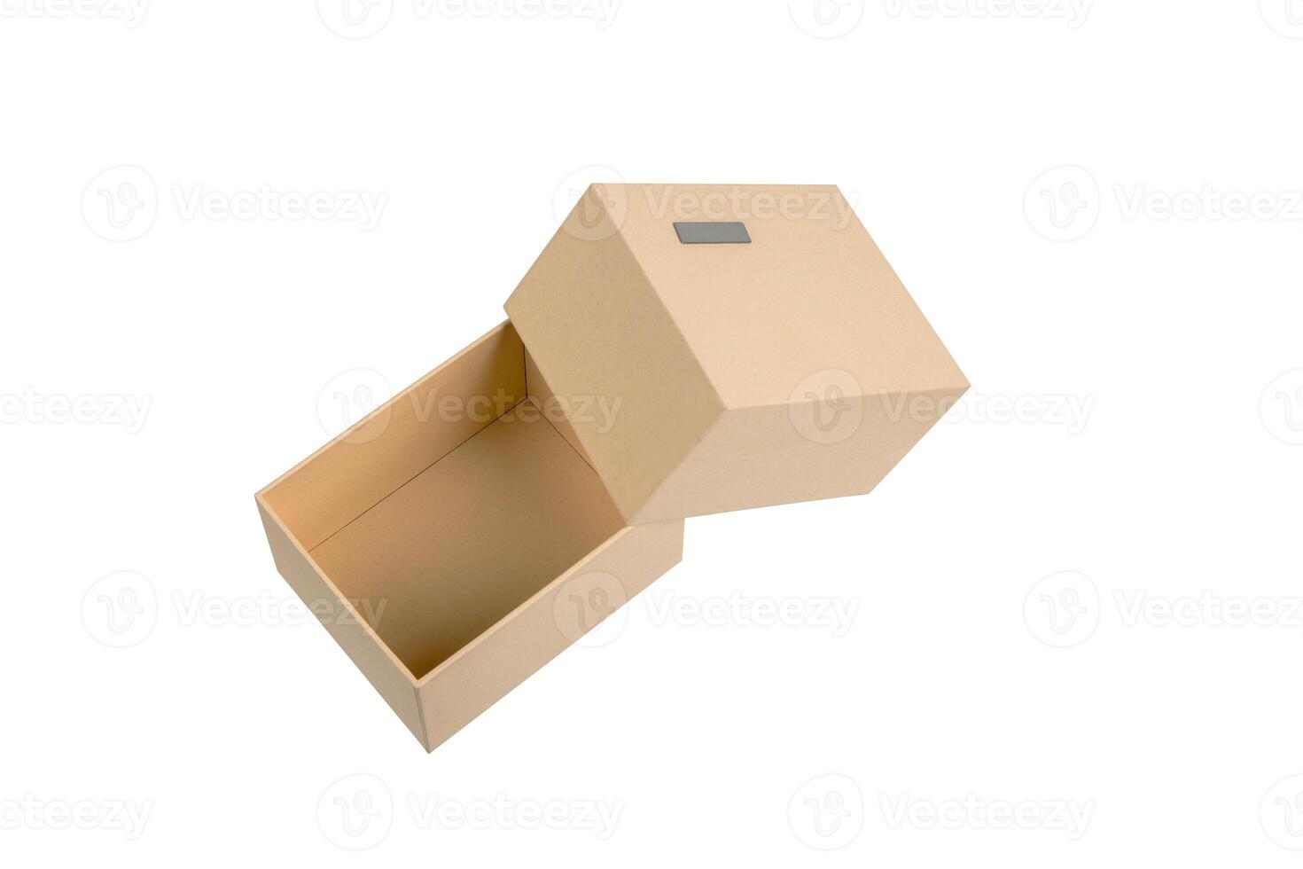Simple but high-quality cardboard box. Gift wrapping with a metal label. Isolate on a white back photo