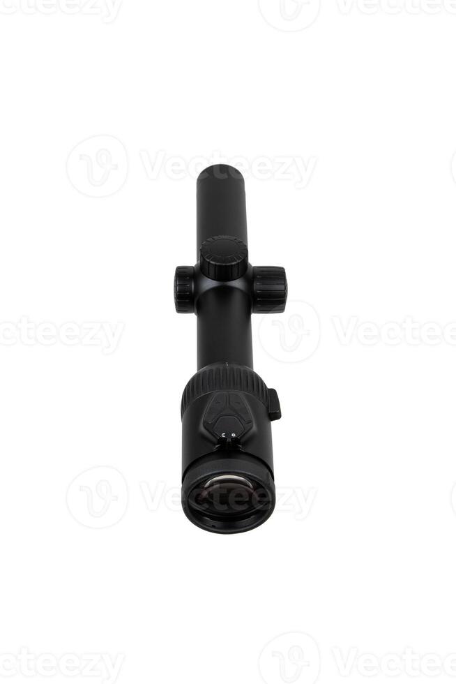 Modern sniper scope on a white back. Optical device for aiming and shooting at long distances. photo