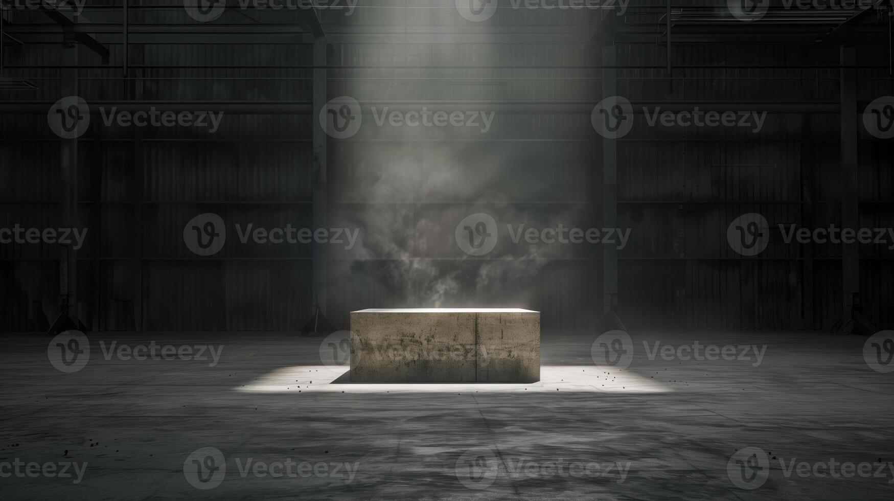 Empty space of Studio dark room with concrete stone stage or podium and spot lighting and fog or mist on concrete floor grunge texture in back photo