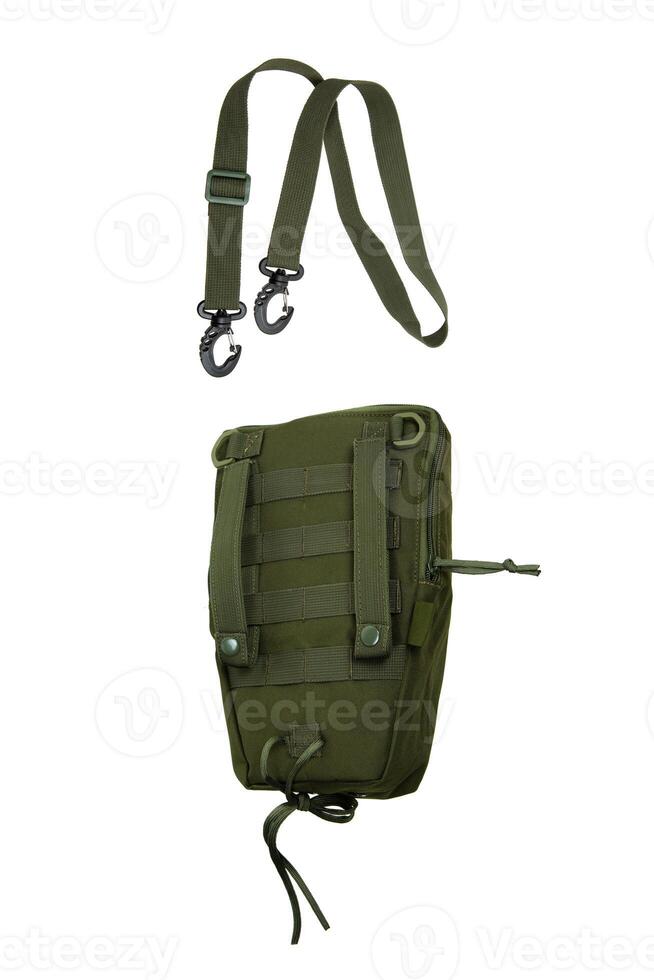 Multifunctional military pouch with zipper in khaki color. Isolate on white back photo