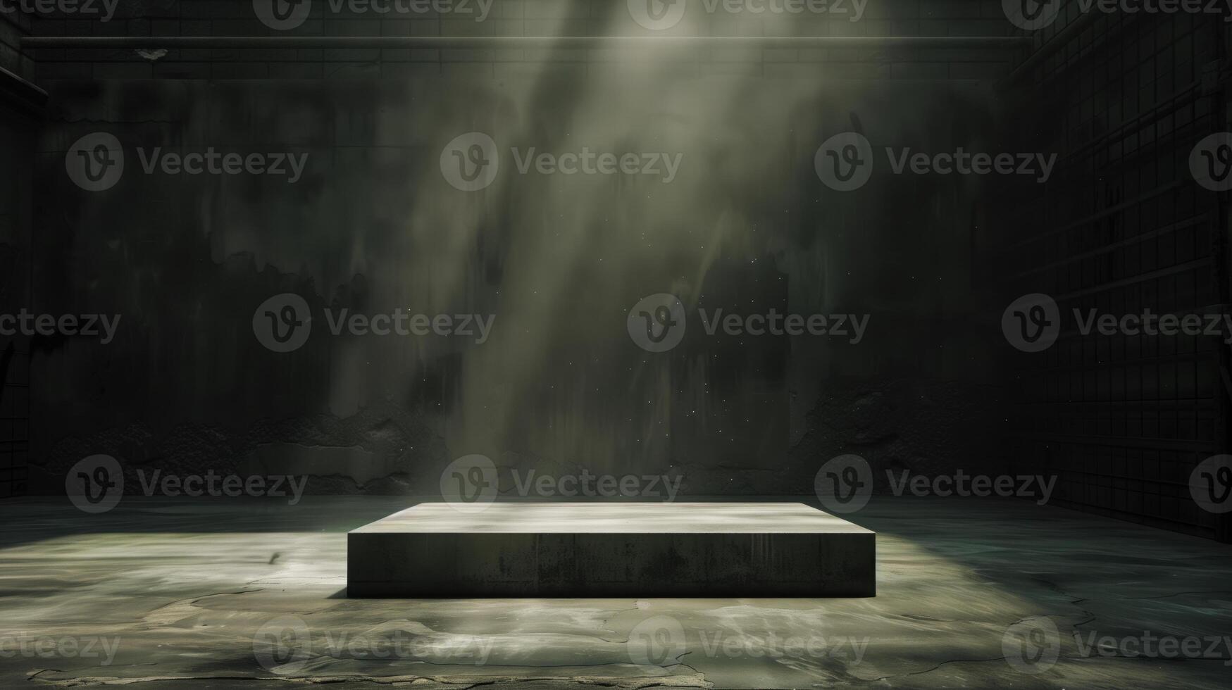 Empty space of Studio dark room with concrete stone stage or podium and spot lighting and fog or mist on concrete floor grunge texture in back photo