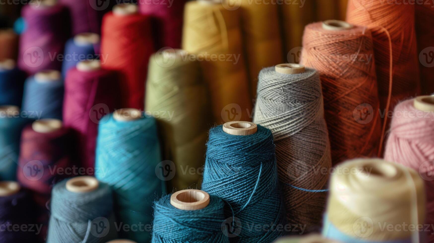 Multicolored yarn spools used in textile industry. Set of colored threads for sewing on coils. Pile of big colorful spools of thread. Colored thread spools of thread large class, textiles, back photo