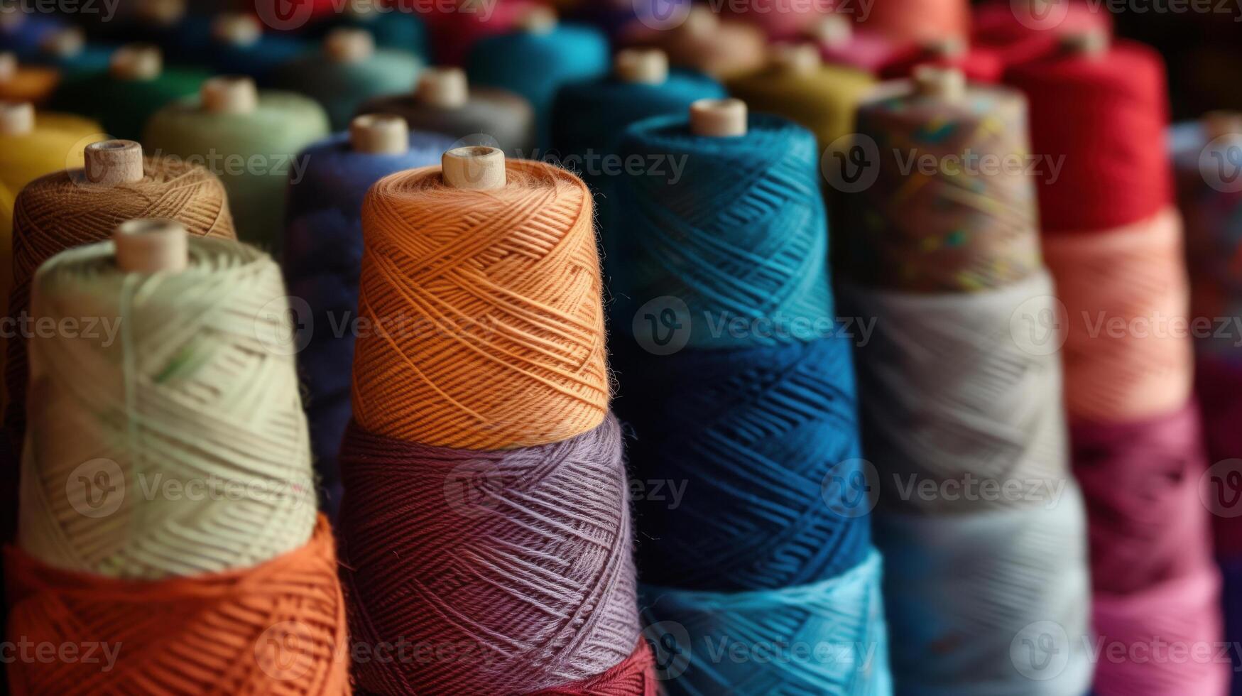 Multicolored yarn spools used in textile industry. Set of colored threads for sewing on coils. Pile of big colorful spools of thread. Colored thread spools of thread large class, textiles, back photo