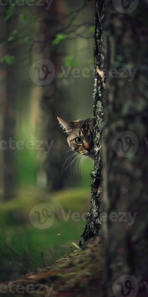 Curious Cat Behind Tree photo