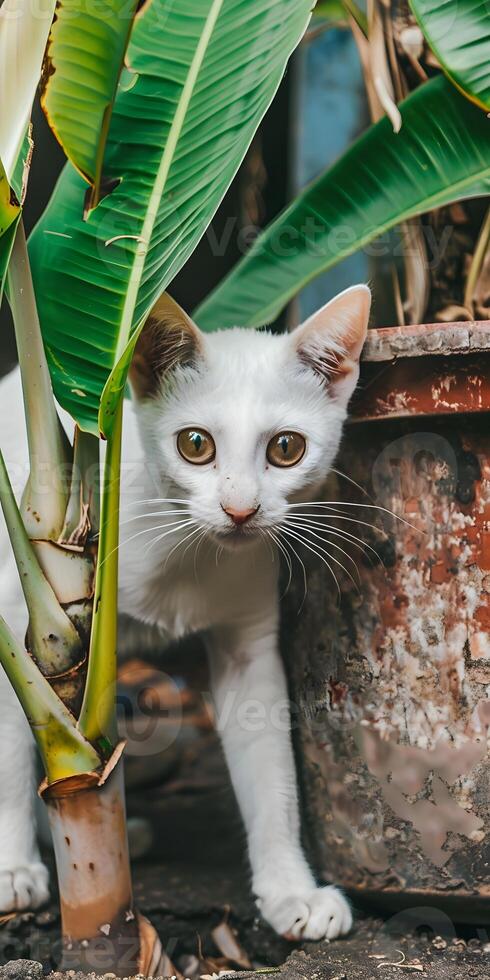 White Cat Behind Plant photo