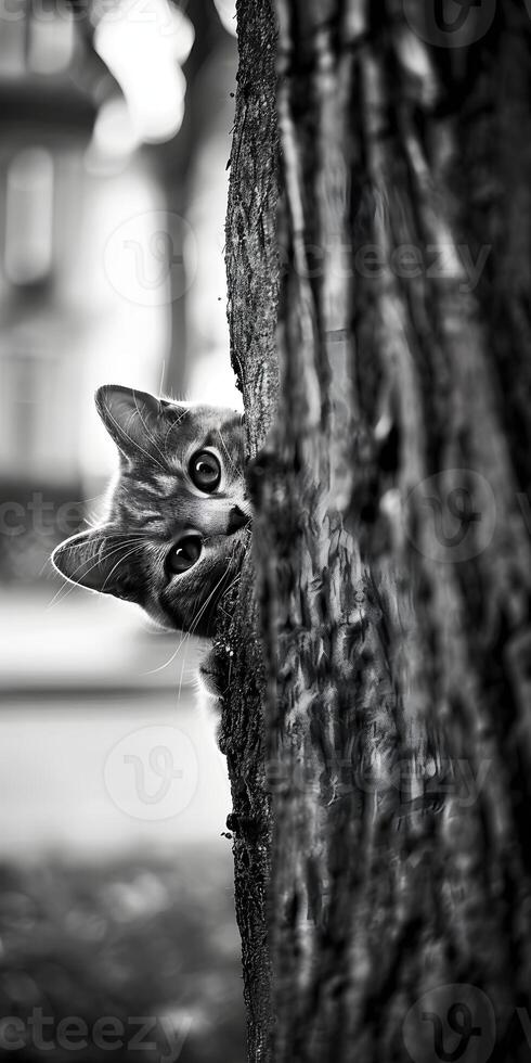 Curious Cat Behind Tree photo