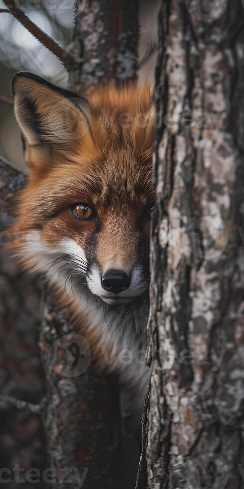 Cheerful Fox Behind Tree photo