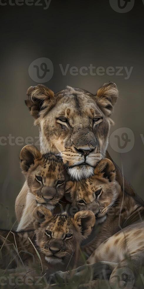 Lioness and Cubs Resting photo