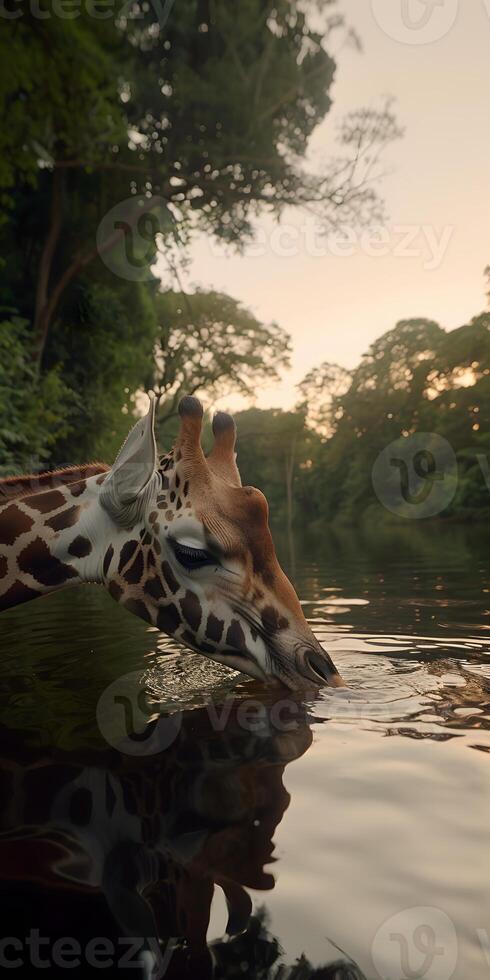 Giraffe Quenching Thirst photo