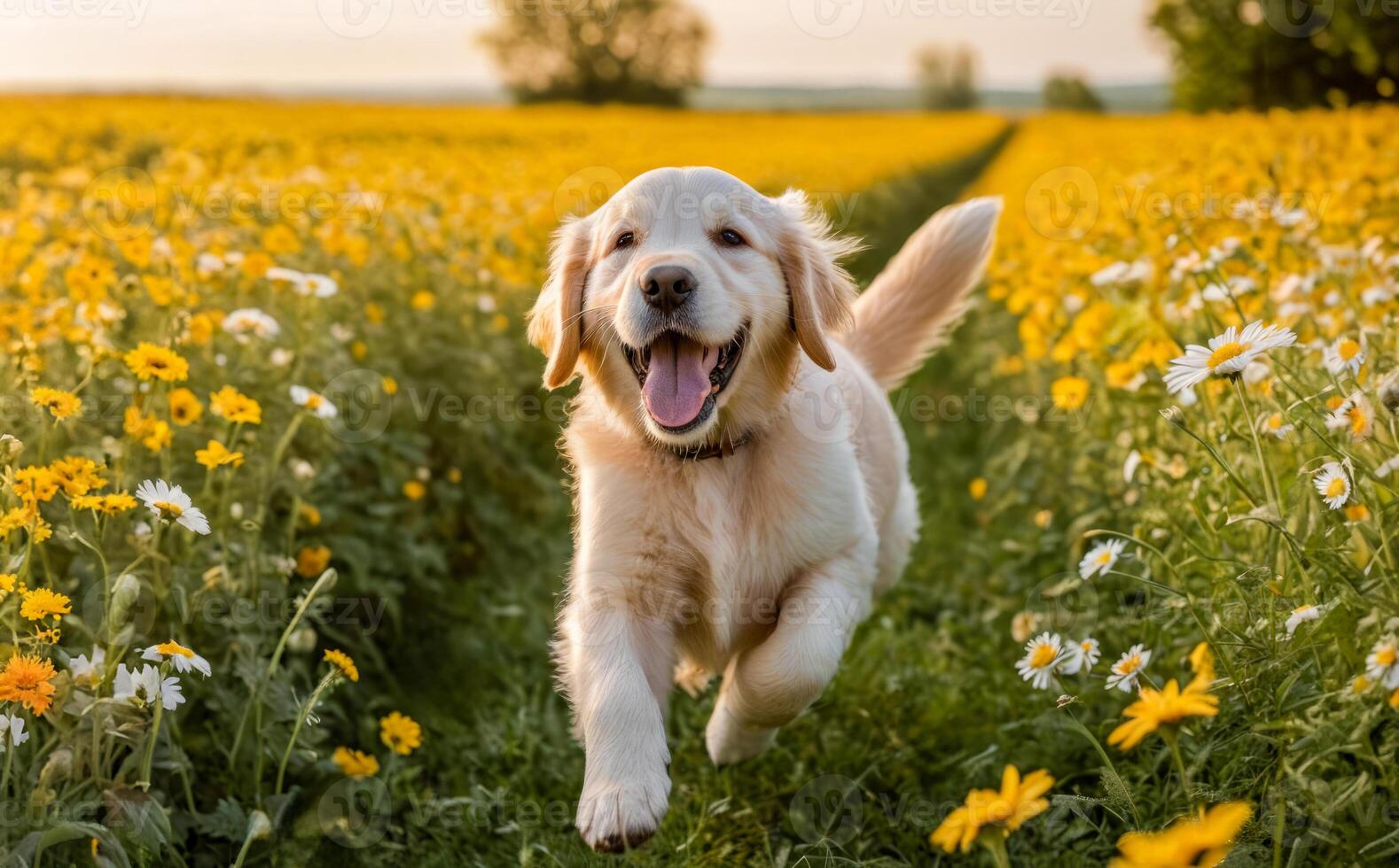Golden Retriever Puppy Running in a Flower Field photo