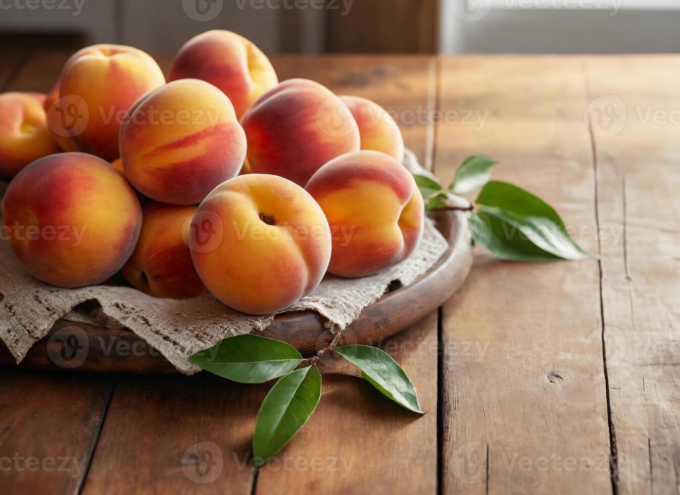 Close-up of Fresh Peaches on Wooden Table photo