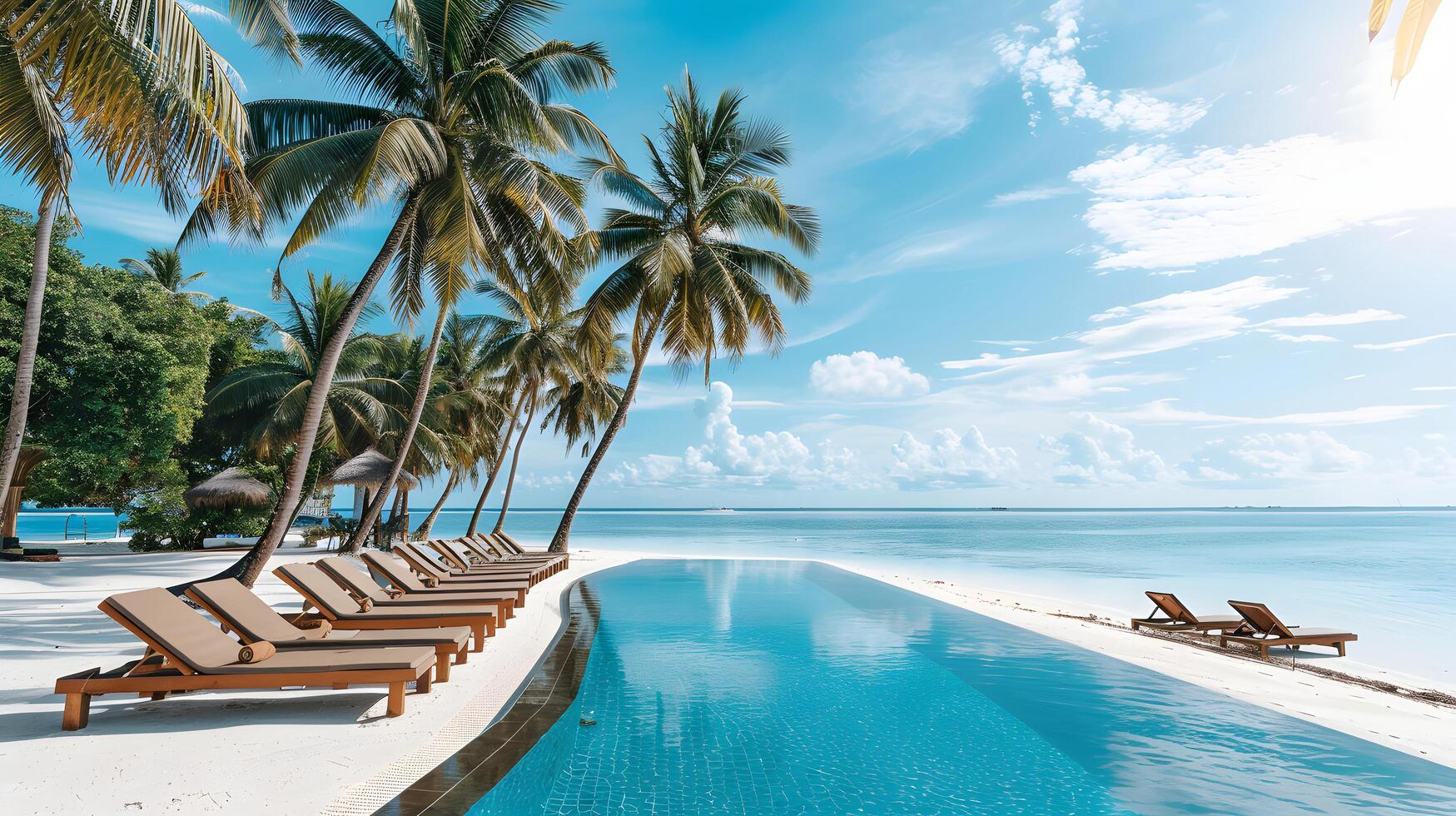 Beautiful view of an resort hotel outdoor swimming pool with beach view, summer concept photo