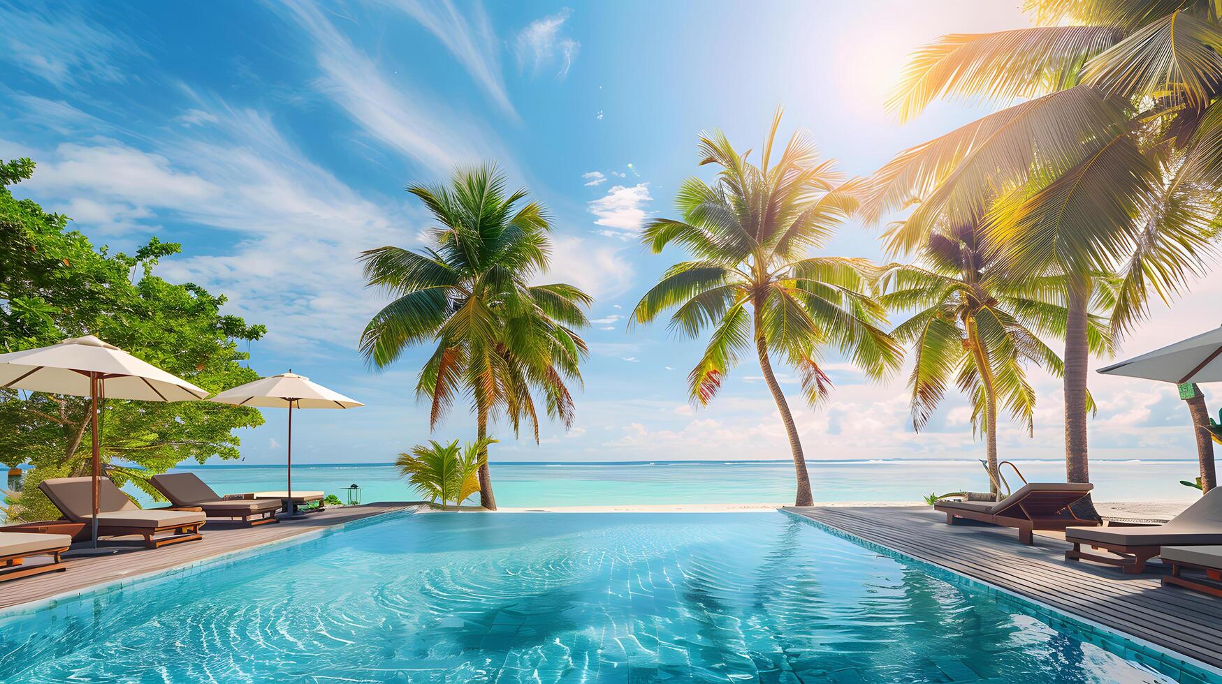 Beautiful view of an resort hotel outdoor swimming pool with beach view, summer concept photo