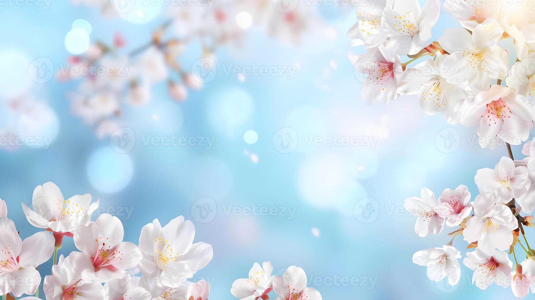Springtime pink cherry blossom with sunshine bokeh, blue background, copy space background photo