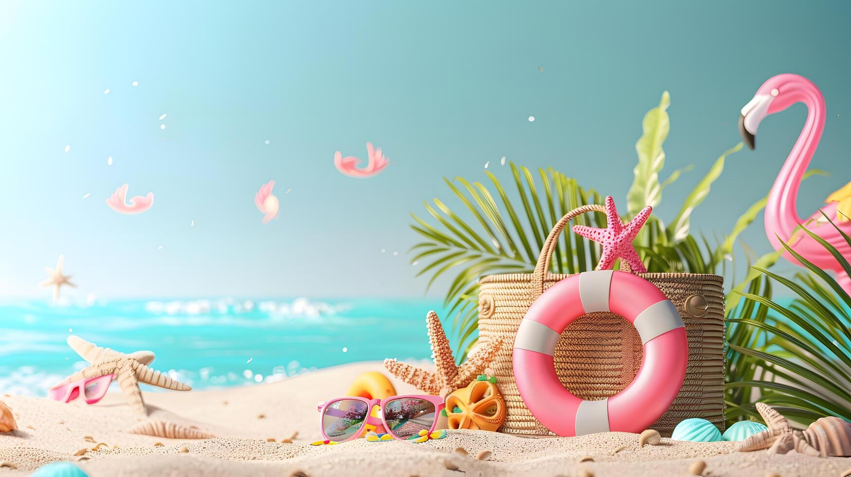Beach background with summer bag, sunglasses and beach accessories on the sand in the style of by the sea in bright colors, vacation concept photo